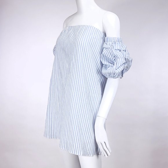 Rampage Striped Seersucker Tunic Mini Dress with Puff Ruffle Sleeves - Picture 3 of 8